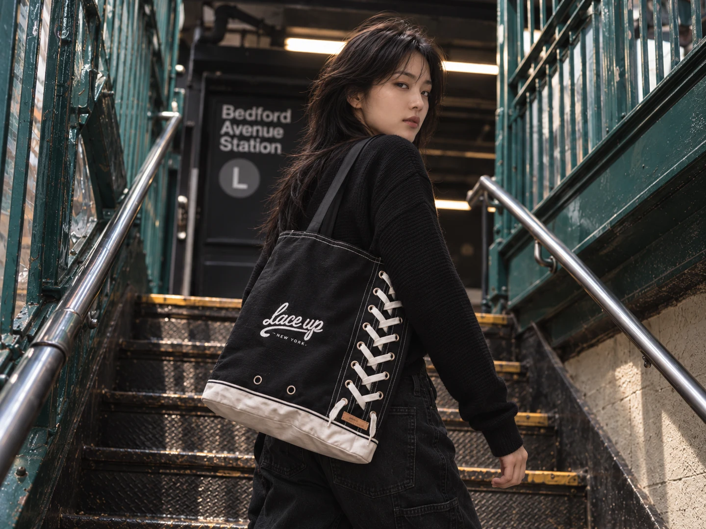 Black Lace up tote worn at Bedford Avenue Station